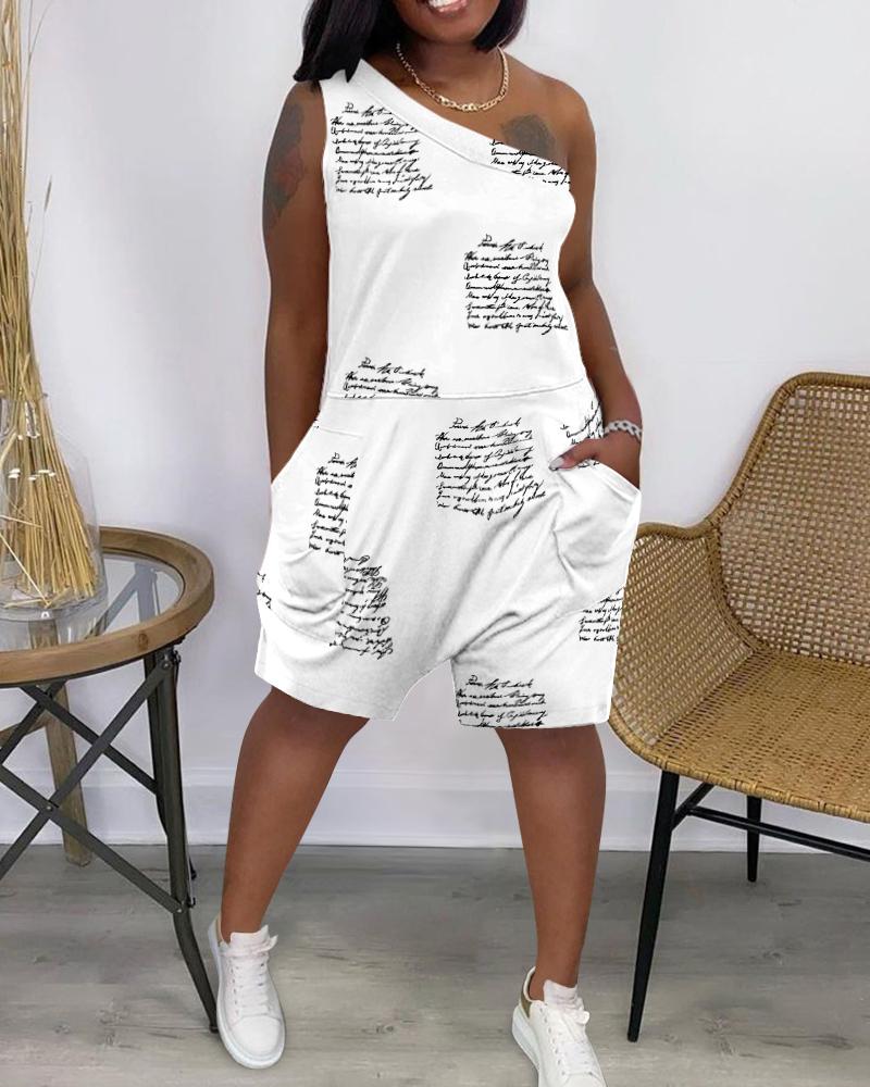 

Letter Print One Shoulder Pocket Design Romper, White
