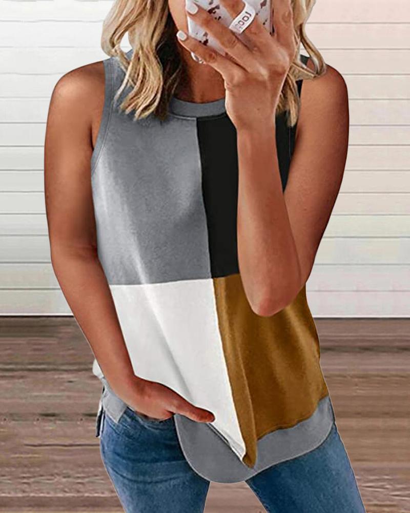 

Colorblock Round Neck Casual Tank Top, Brown