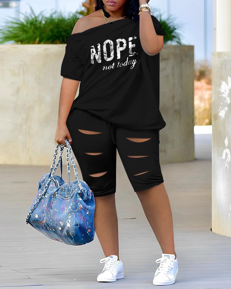 

Nope Not Today Slogan Print Top & Shorts Set, Black