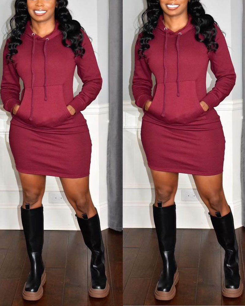 

Long Sleeve Drawstring Hooded Sweatshirt Dress, Wine red