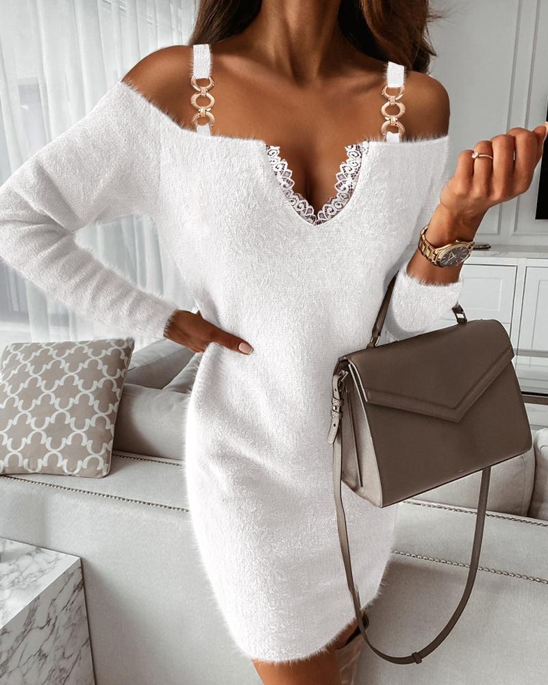 

Contrast Lace Cold Shoulder Fluffy Long Sleeve Dress, White