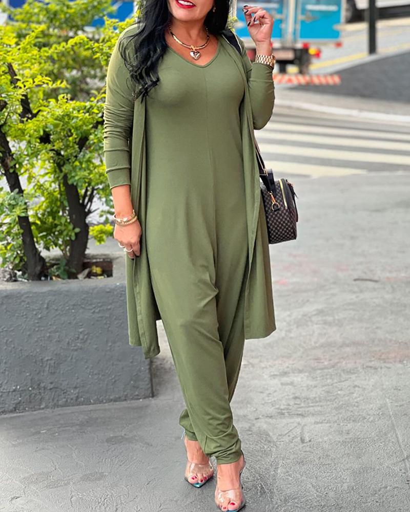 

2PCS V-Neck Sleeveless Jumpsuit & Open Front Longline Cardigan Coat Set, Army green