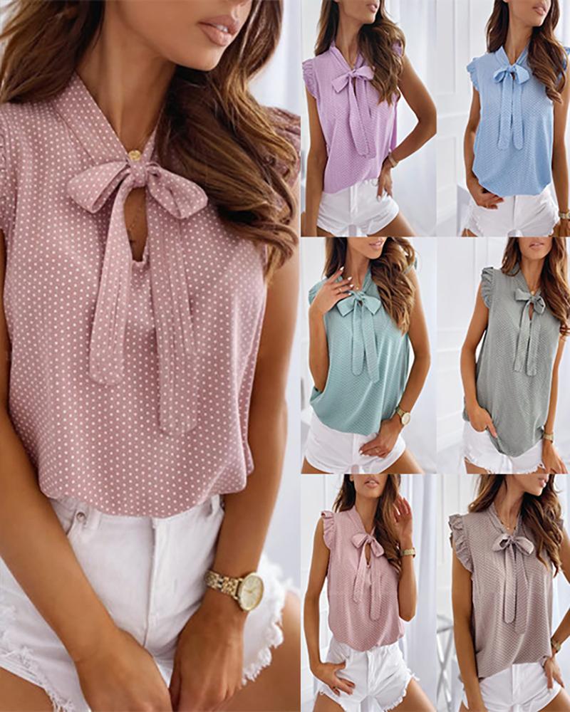 

Solid Sleeveless Ruffles Lace-up Collar Loose Tanks, Pink