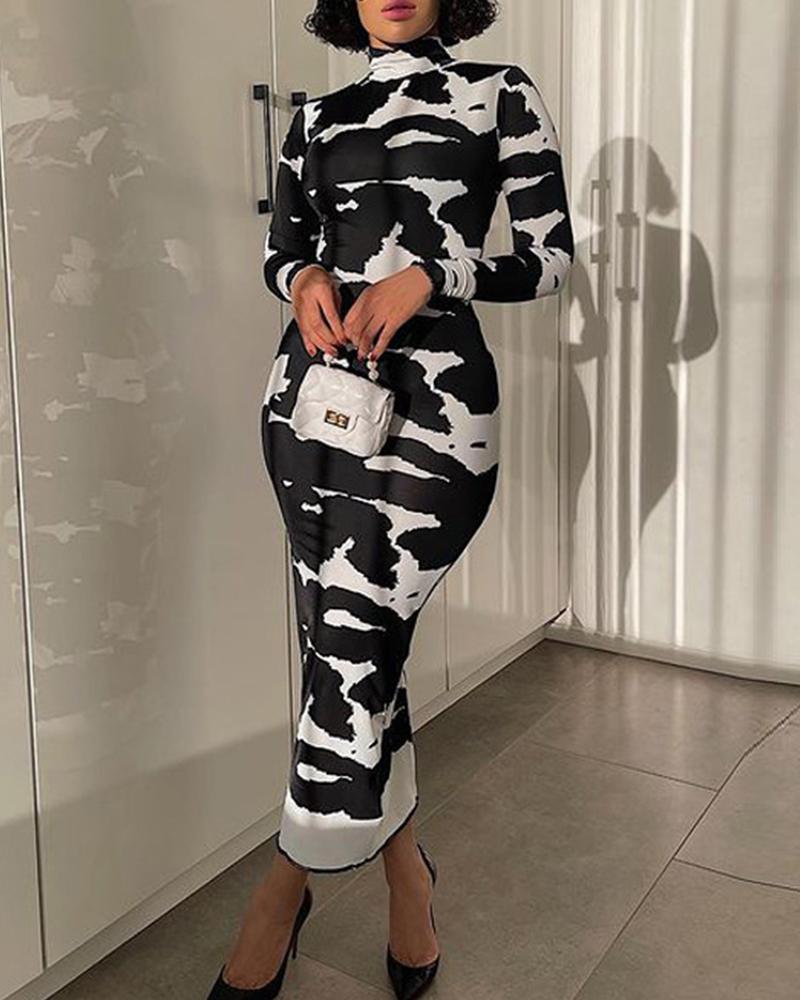 

Abstract Print High Neck Bodycon Dress, Black