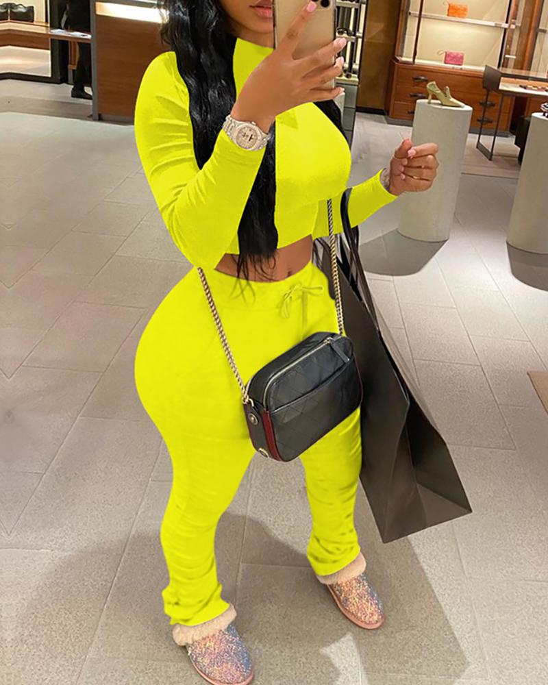 

Plain Long Sleeve Top & Ruched Pant Set, Yellow