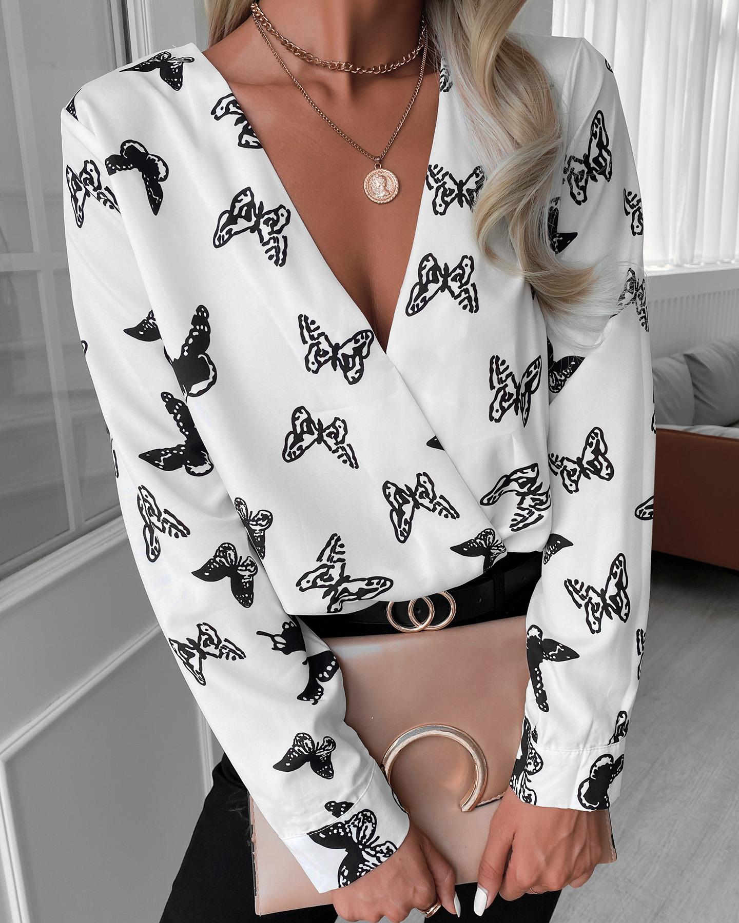 

Butterfly Print Plunge Casual Shirt, White
