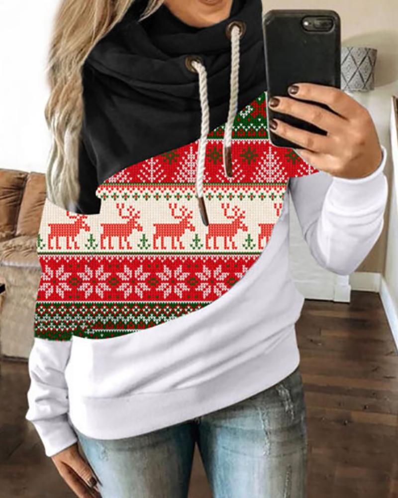 

Christmas Print Colorblock Hooded Top, Black