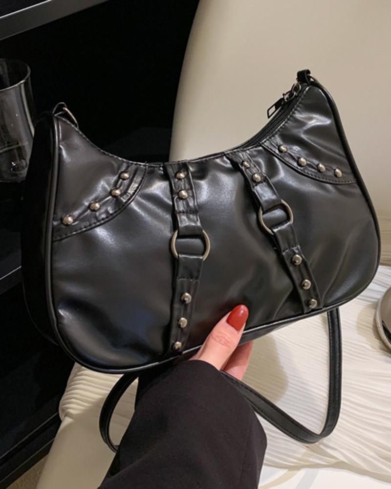 

Studded O-Ring Decor Baguette Bag, Black