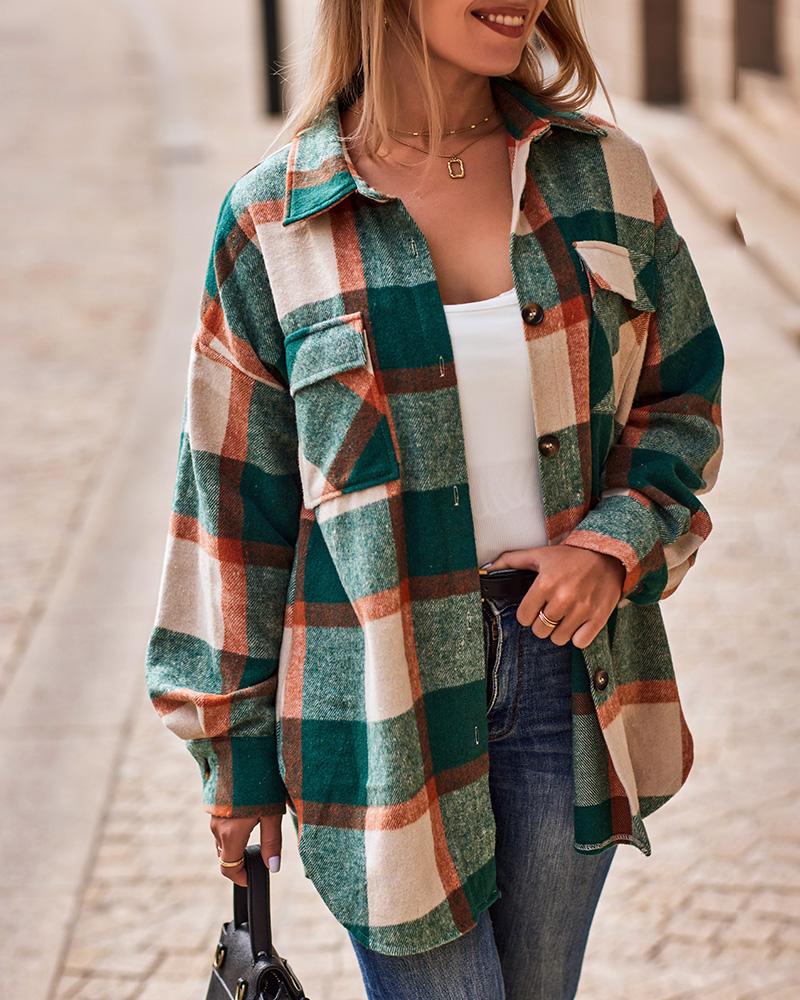 

Plaid Print Long Sleeve Button Down Shacket, Green