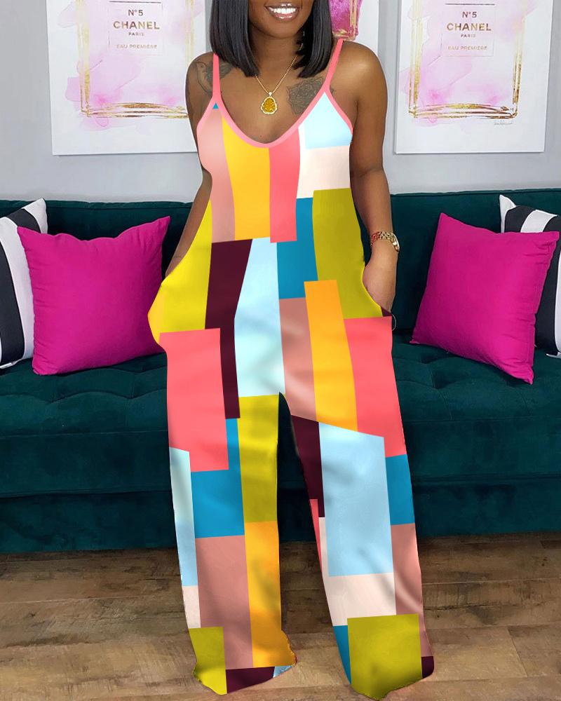 

Plus Size Geometric Print Spaghetti Strap Jumpsuit, Multicolor