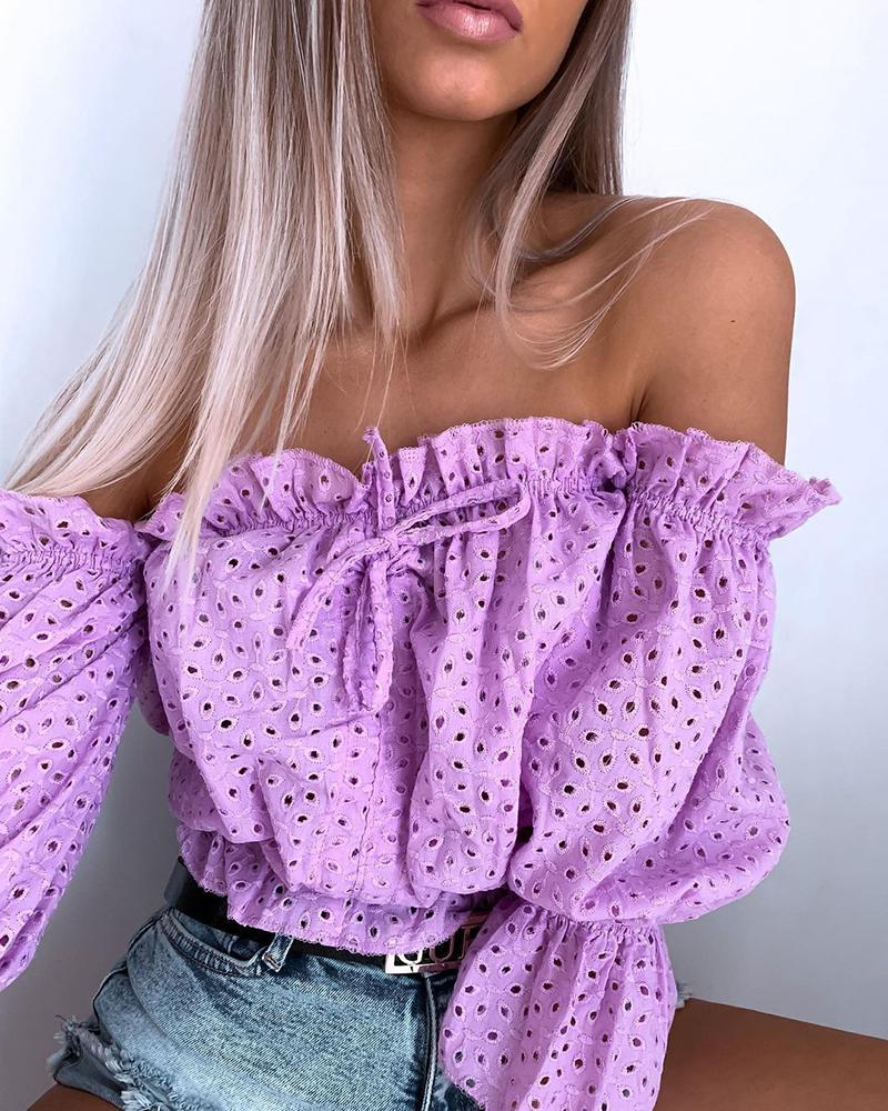 

Off Shoulder Eyelet Embroidery Bell Sleeve Top, Purple