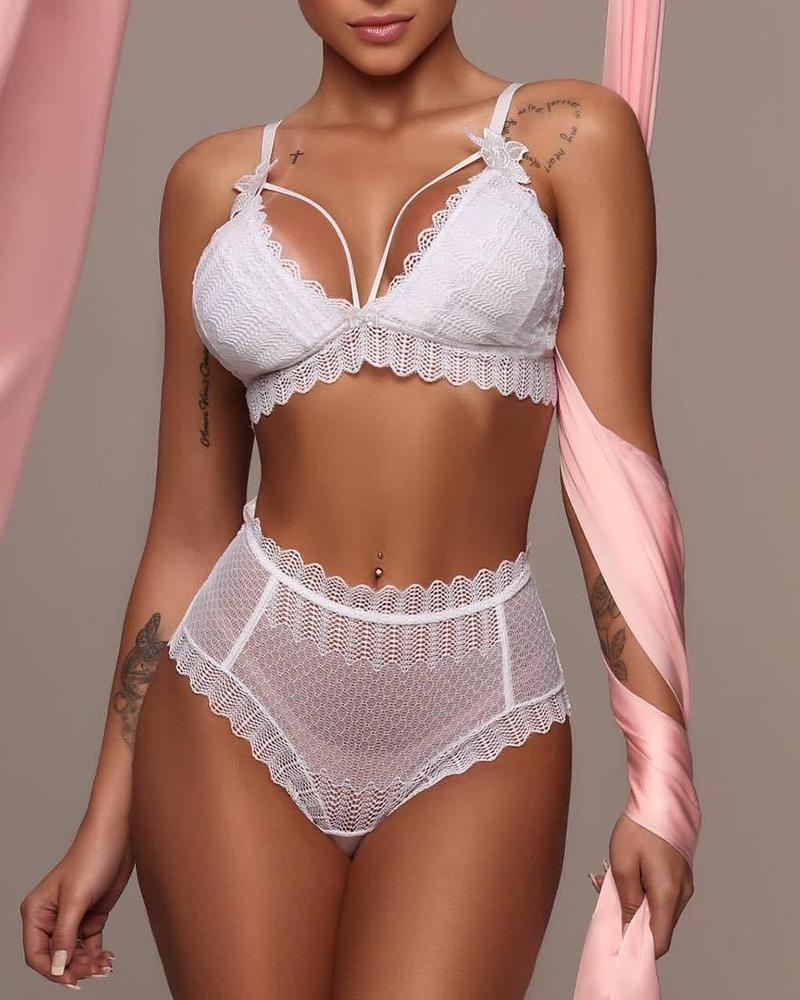 

Floral Pattern Cutout Crochet Lace Lingerie Set, White