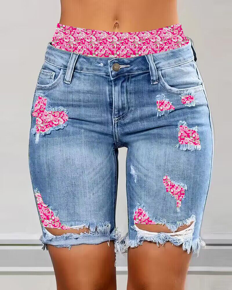 Pink Ditsy Floral Print Ripped 2-In-1 Denim Shorts