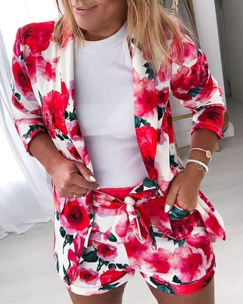 

Floral Print Blazer Coat & Shorts Set, Hot pink