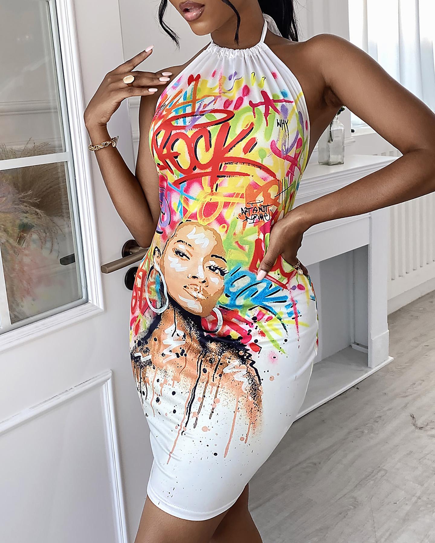 

Figure & Multicolor Letter Backless Halter Sleeveless Mini Dress, Yellow