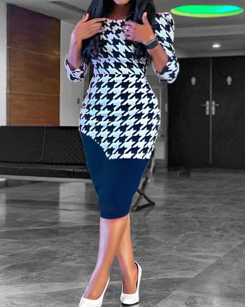

Houndstooth Print Colorblock Puff Sleeve Work Dress, Blue