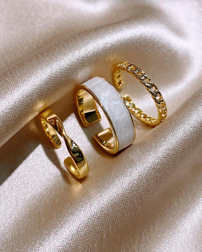 

3PCS Link Chain & Twist & Opal Decor Adjustable Rings Set, Gold