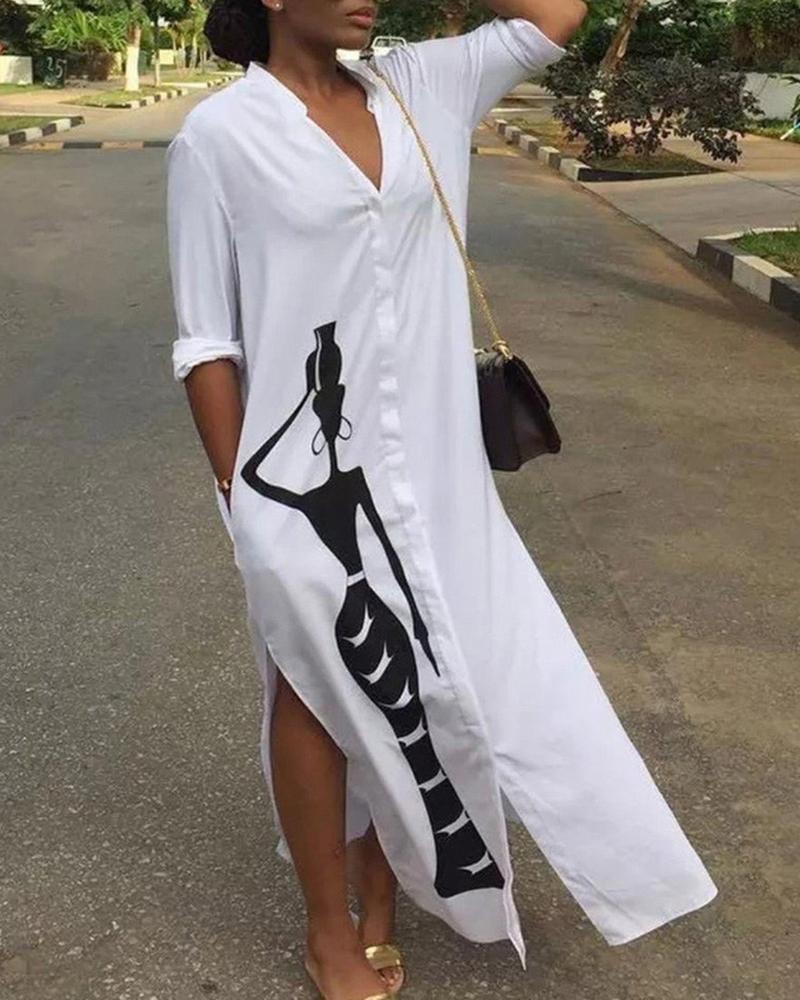 

Graphic Print High Slit Long Sleeve Shirt Dress, White