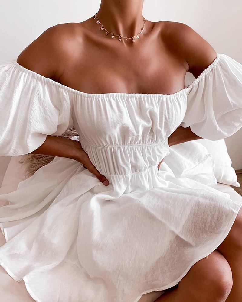 

Puff Sleeve Ruched Casual Dress, White