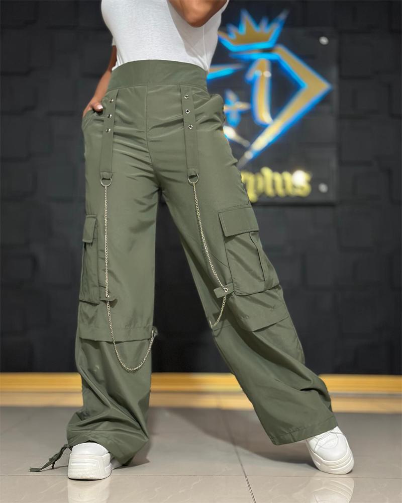 

Pocket Design Chain Decor Cargo Pants, Green