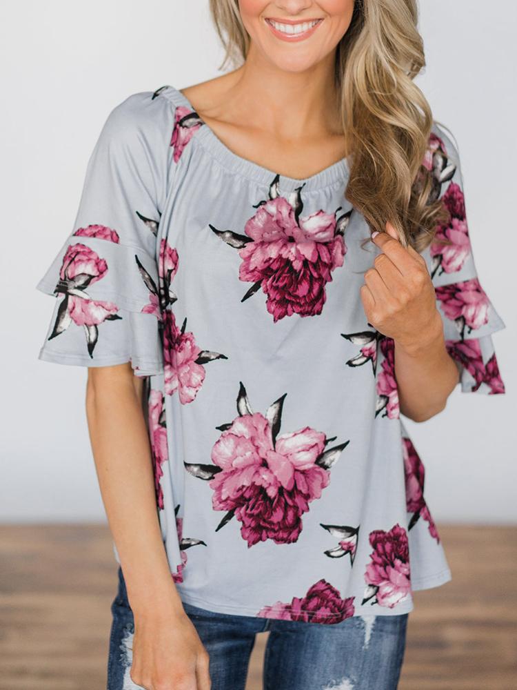 

Off shoulder Shirring Floral Print Casual Blouse, Gray