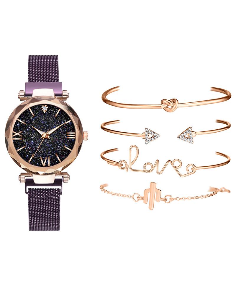 

Glitter Stainless Steel Band Pointer Quartz Watch & Bracelet Set, Purple