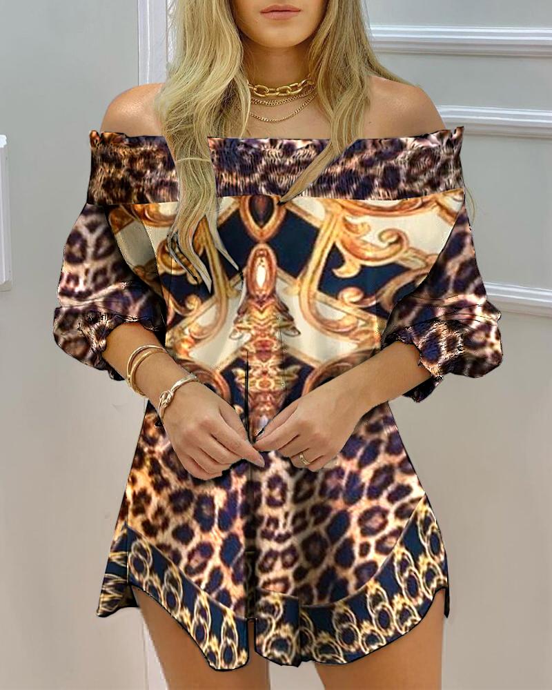

Off Shoulder Cheetah Scarf Print Buttoned Top, Brown