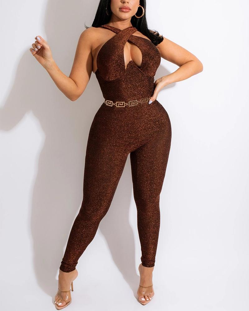 

Glitter Cutout Crisscross Halter Skinny Jumpsuit, Brown