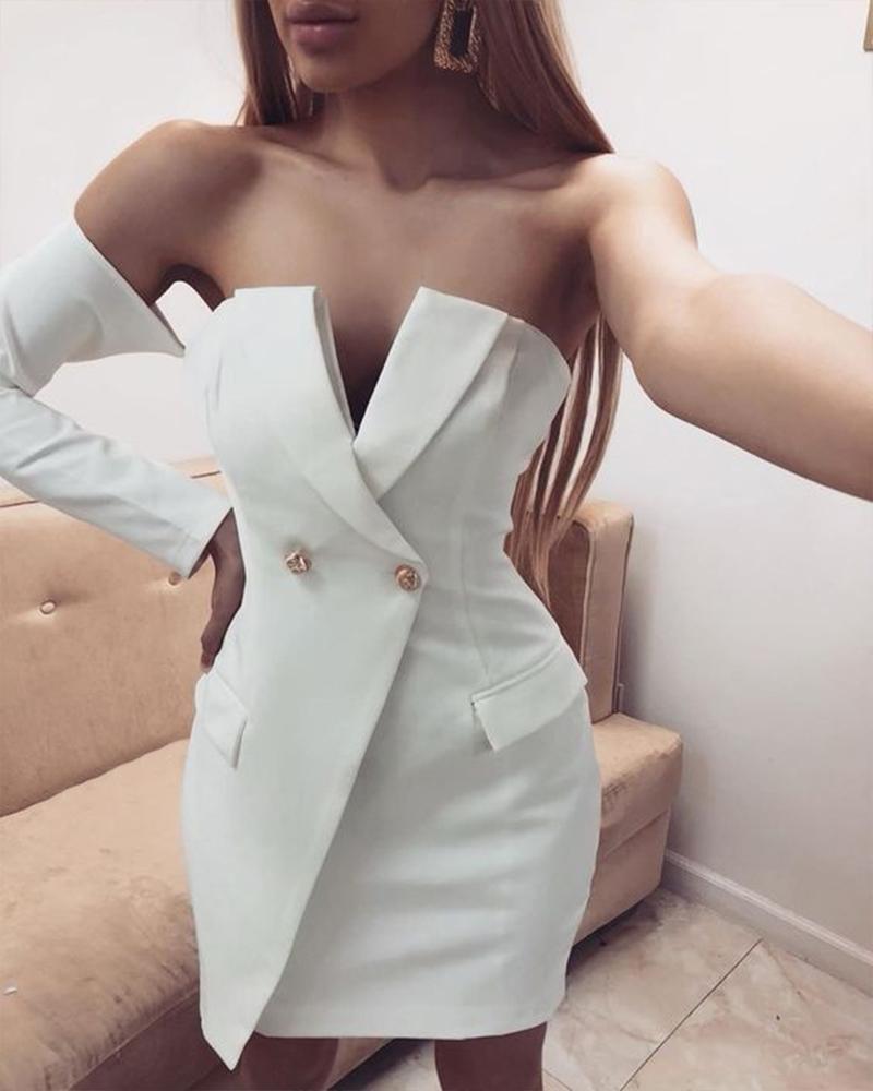 

Off Shoulder Double Button Bodycon Dress, White