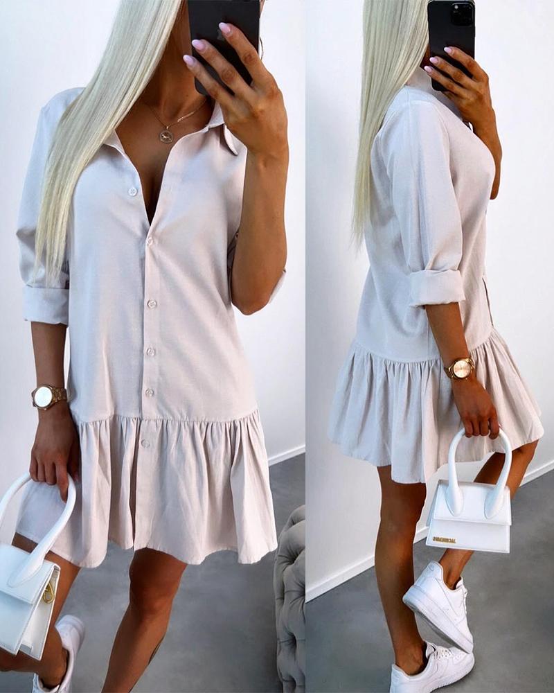 

Long Sleeve Buttoned Ruffle Hem Shirt Dress, Apricot