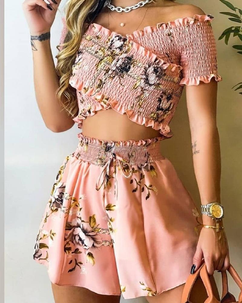 Floral Print Frill Hem Shirred Crop Top & Shorts Set