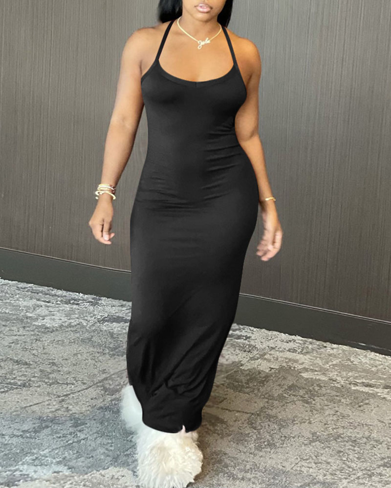

Halter Plain Sleeveless Maxi Dress, Black