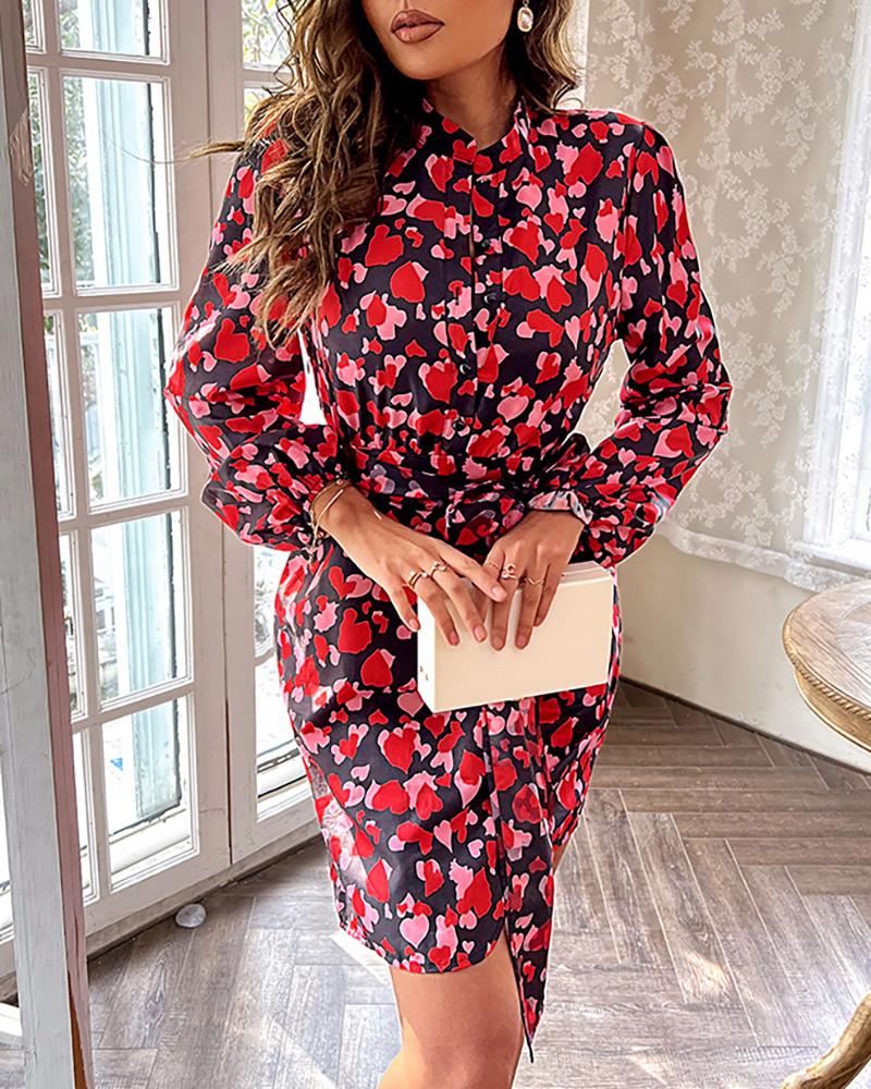 

Valentine' Day Heart Print Button Front Belted Shirt Dress, Red