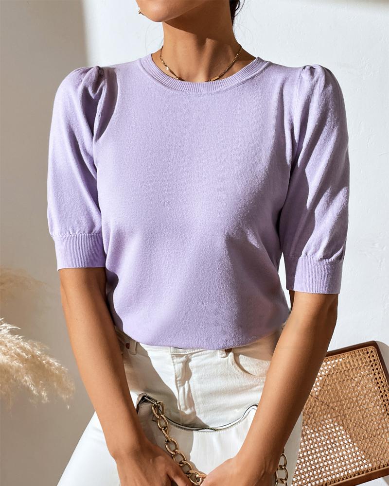 

Plain Puff Sleeve Knit Top, Purple