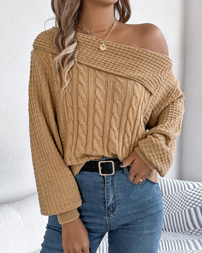 

Skew Neck Long Sleeve Cable Knit Sweater, Khaki