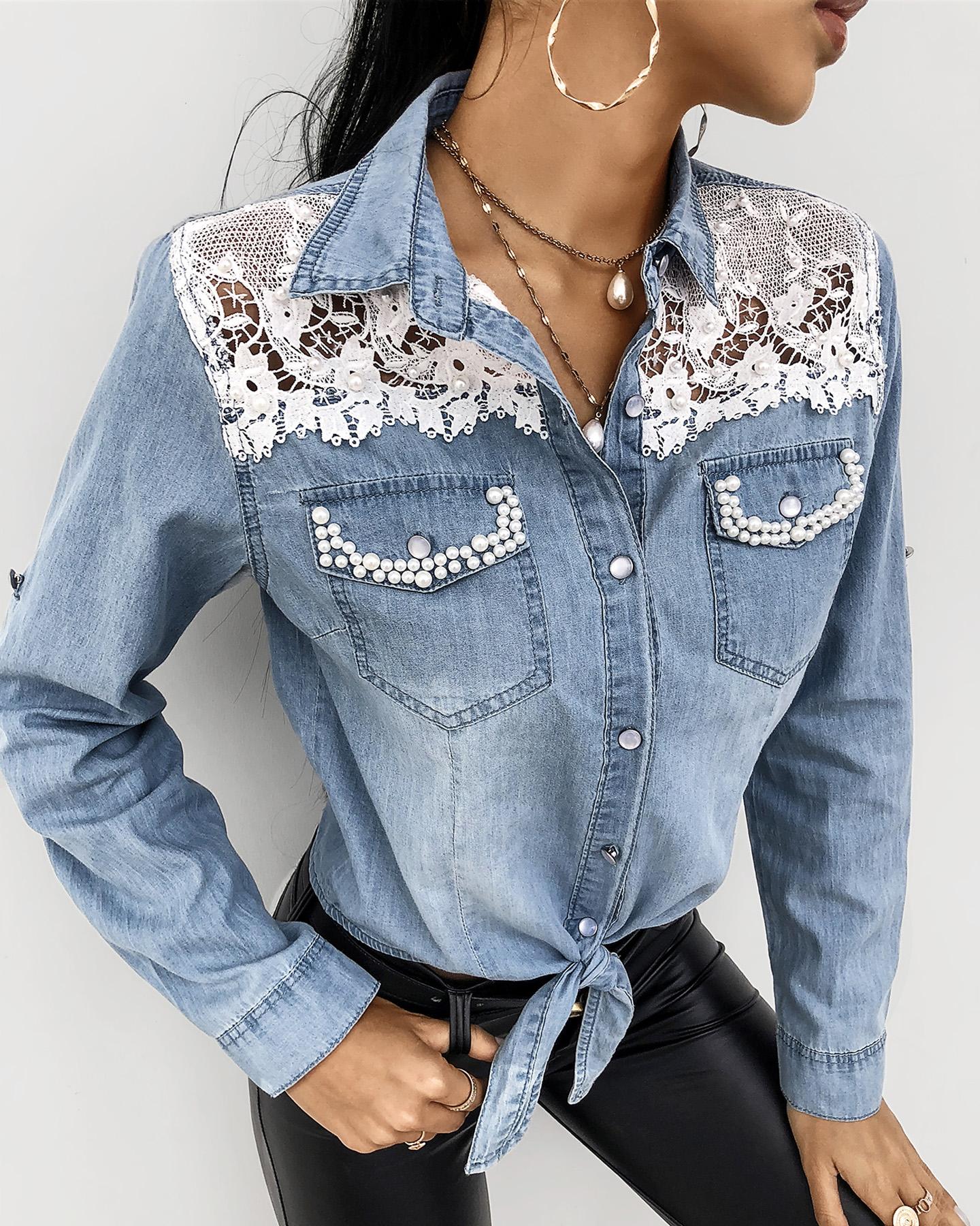 

Beaded Eyelash Lace Button Design Shirt, Blue