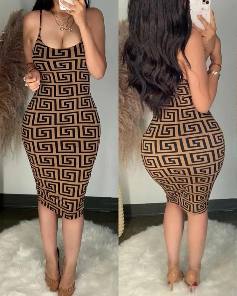 

Geometric Print Spaghetti Strap Bodycon Dress, Khaki