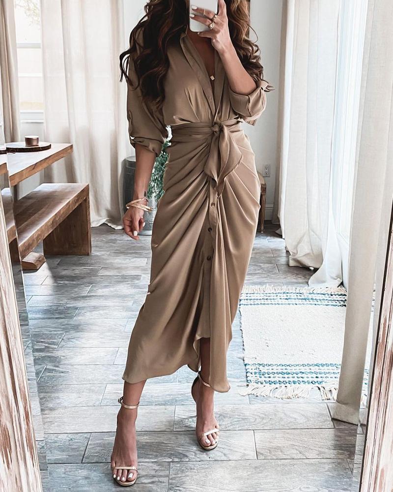 

High Slit Button Front Long Sleeve Shirt Dress, Brown