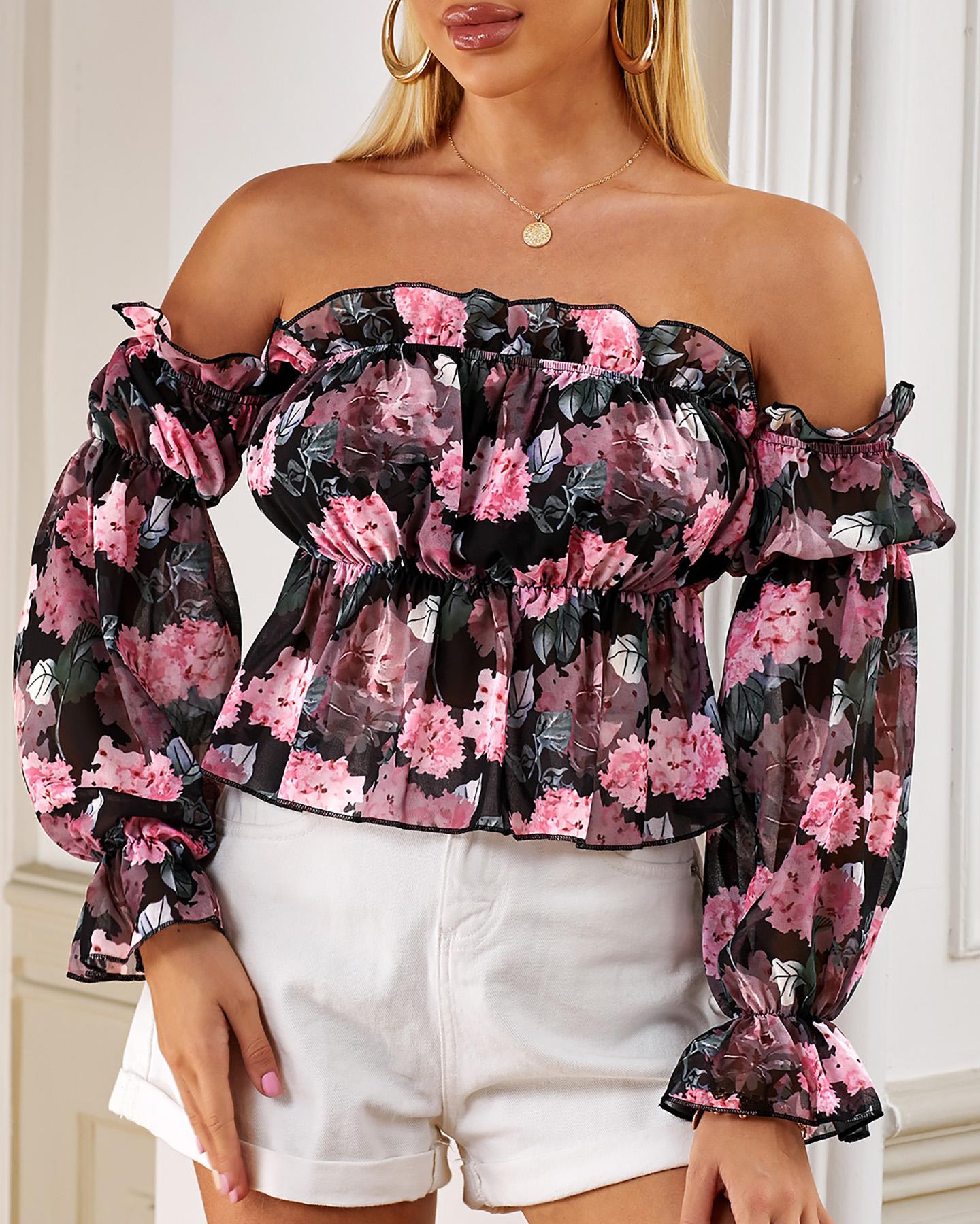 

Floral Print Off Shoulder Ruffles Blouse, Pink