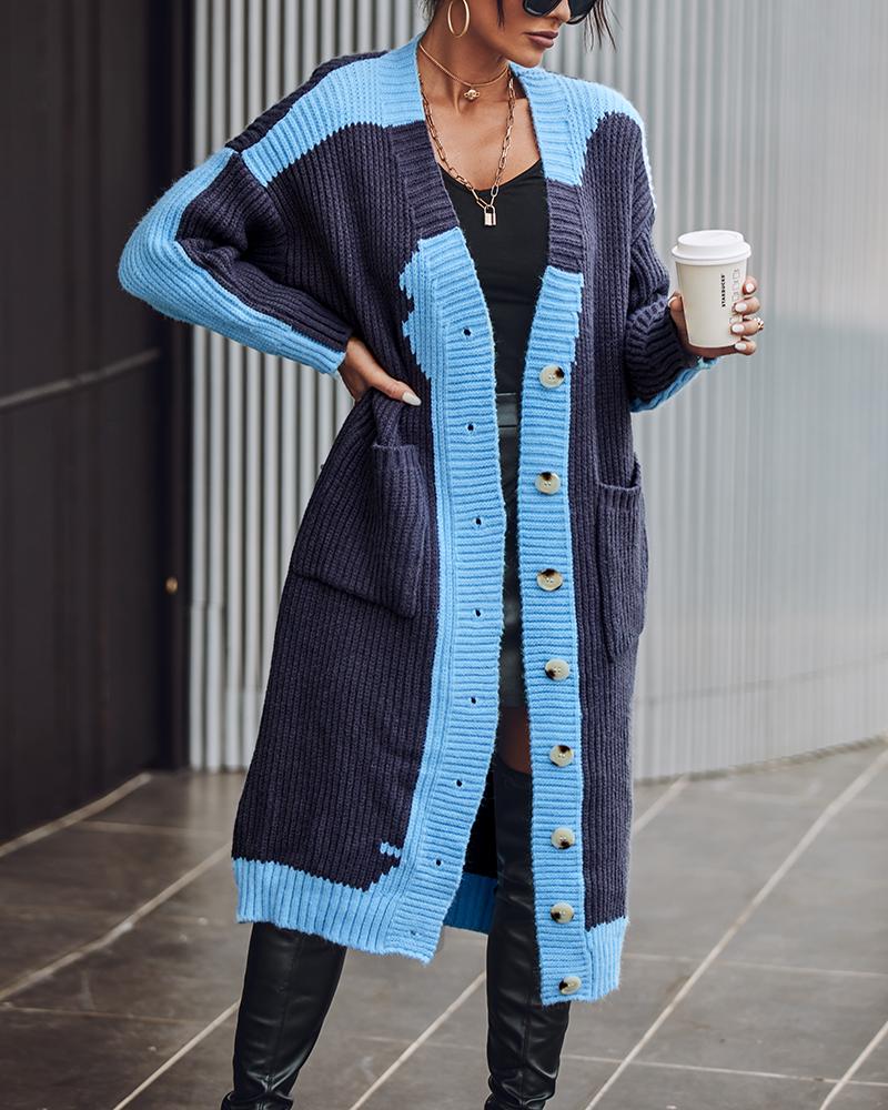 

Colorblock Pocket Design Longline Knit Cardigan, Blue