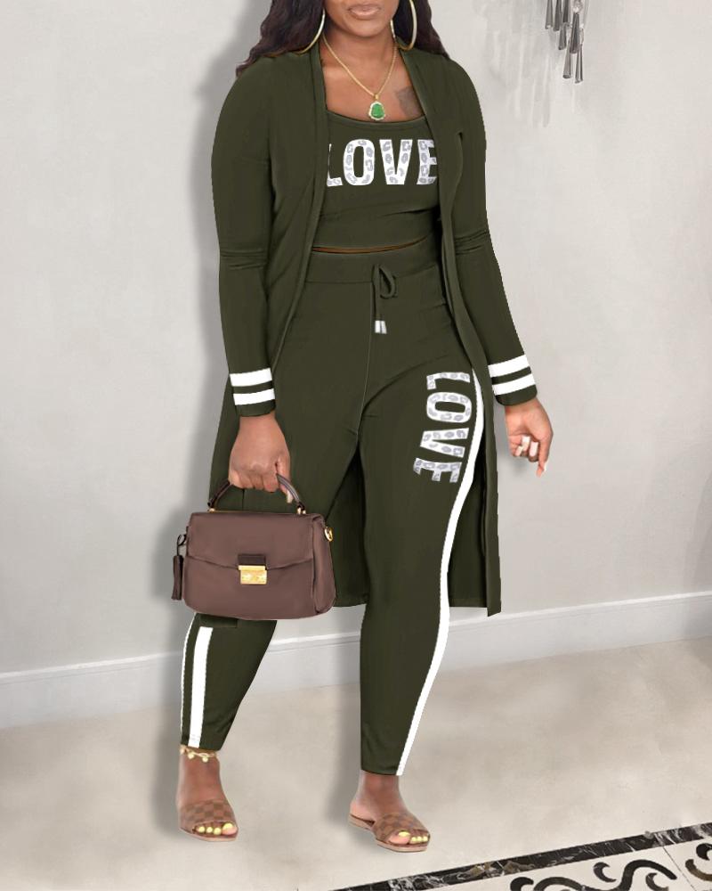 

Plus Size Striped Love Leopard Print Cami Top & Drawstring Pants Set With Coat, Army green