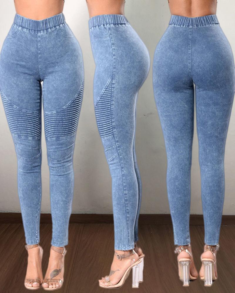 

Elastic Waist Casual Denim Pants, Blue