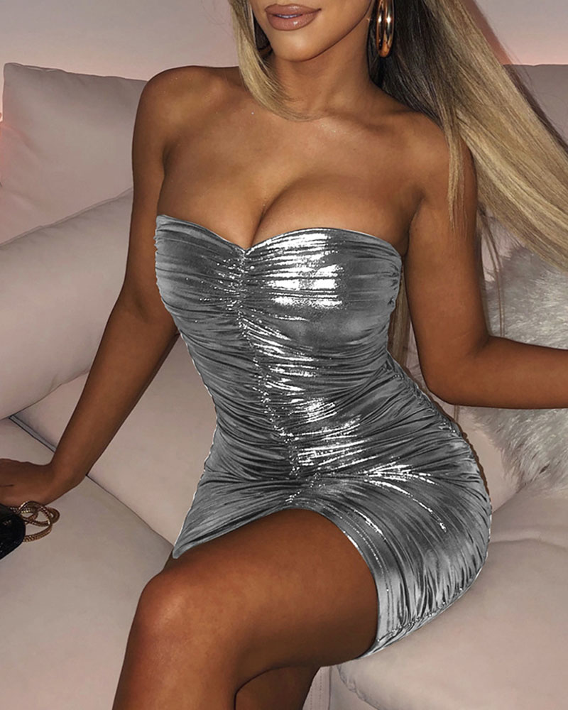 

Bandeau Ruched Bodycon Dress, Silver