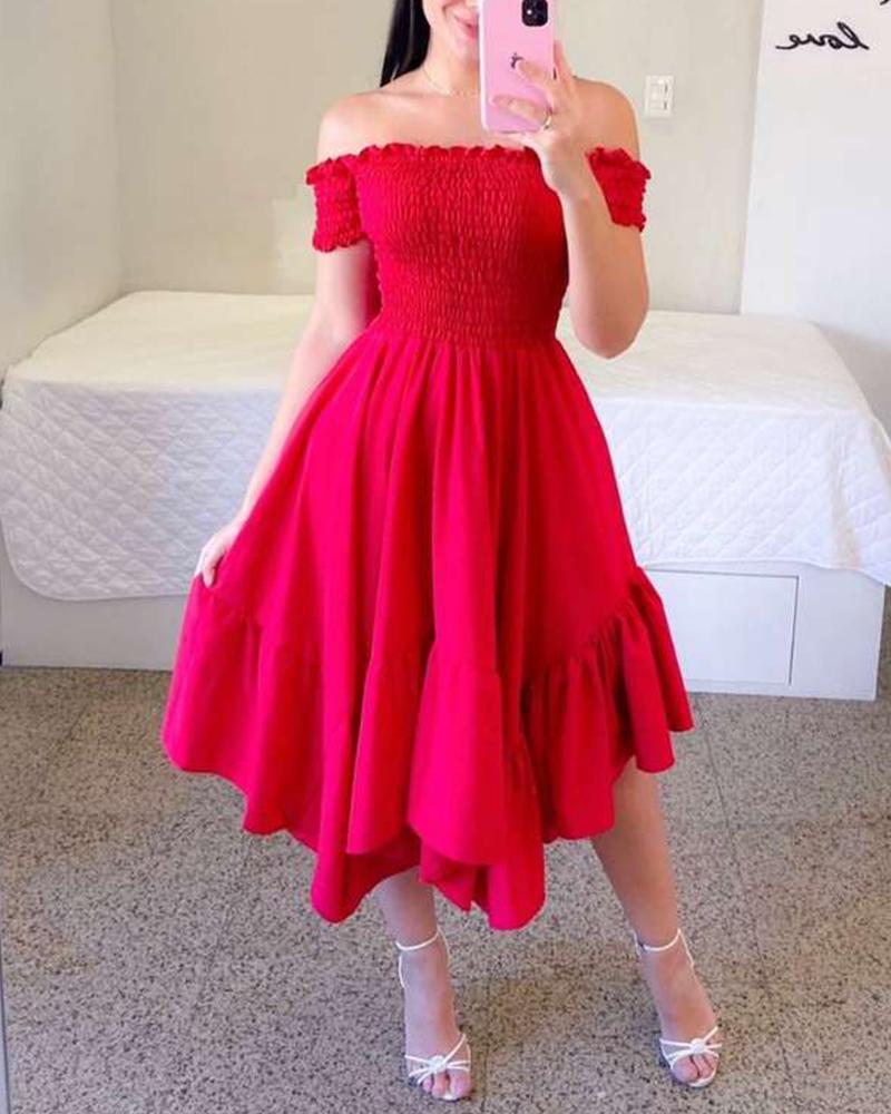 

Off Shoulder Shirred Frill Hem Midi Dress, Red