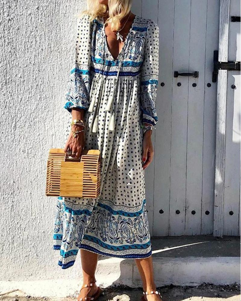 

Boho Style All Over Print Long Sleeve Maxi Dress, Blue