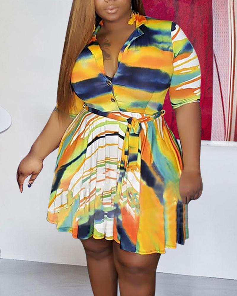 

Plus Size Tie Dye Print Button Front Shirt Dress, Yellow