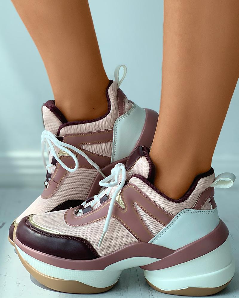 

Lace-up Colorblock Knit Platform Sneaker, Pink