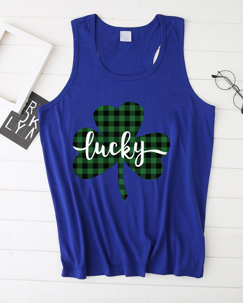 

Letter & Plaid Clover Print T-Back Tank Top, Blue