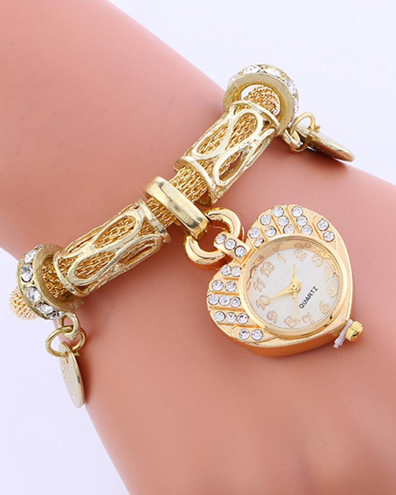 

1pc OT Toggle Heart Pattern Bangle Quartz Watch, Gold