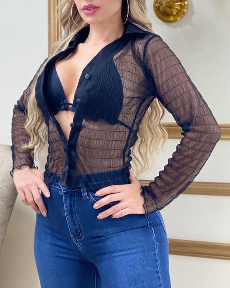 

Sheer Mesh Shirred Buttoned Top With Bralette, Black